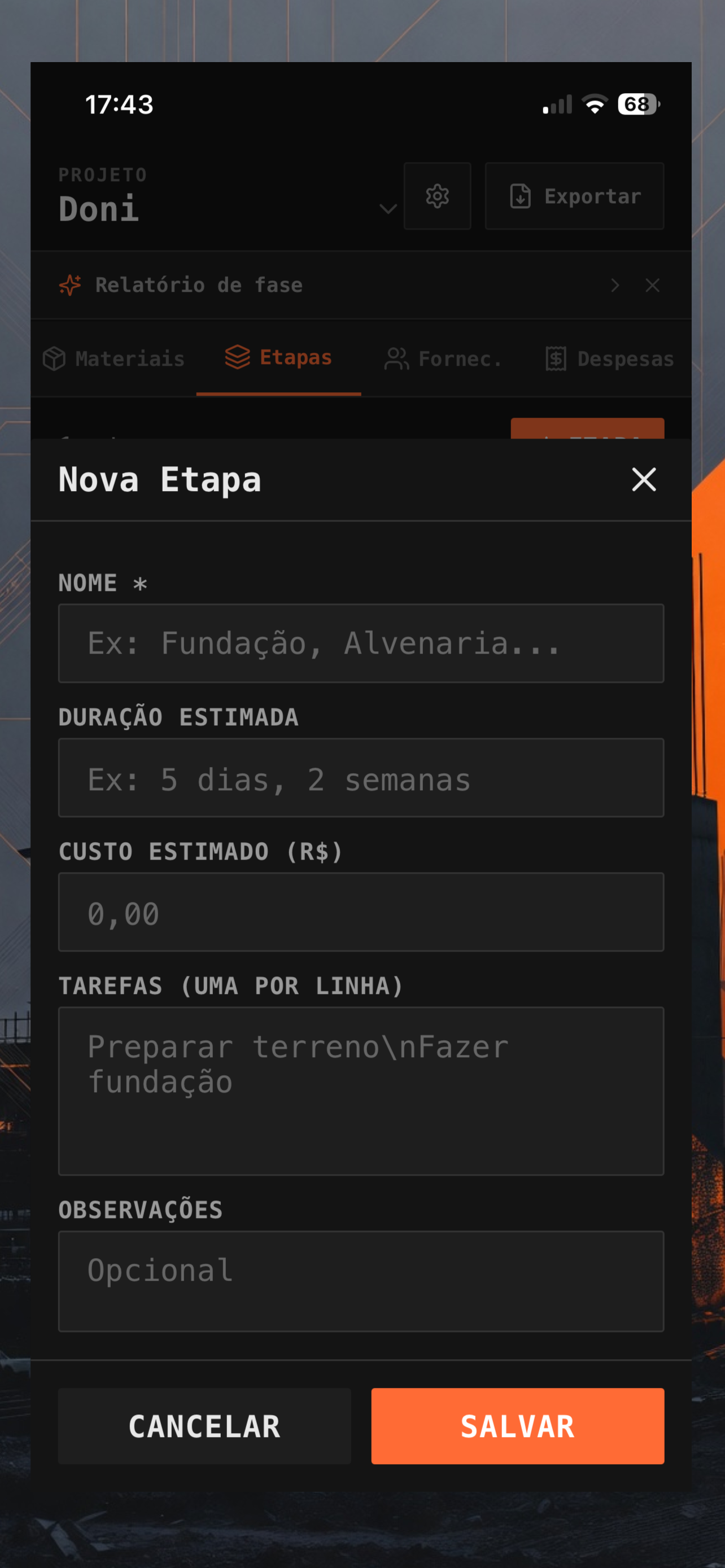 Tela de materiais e etapas no O Canteiro