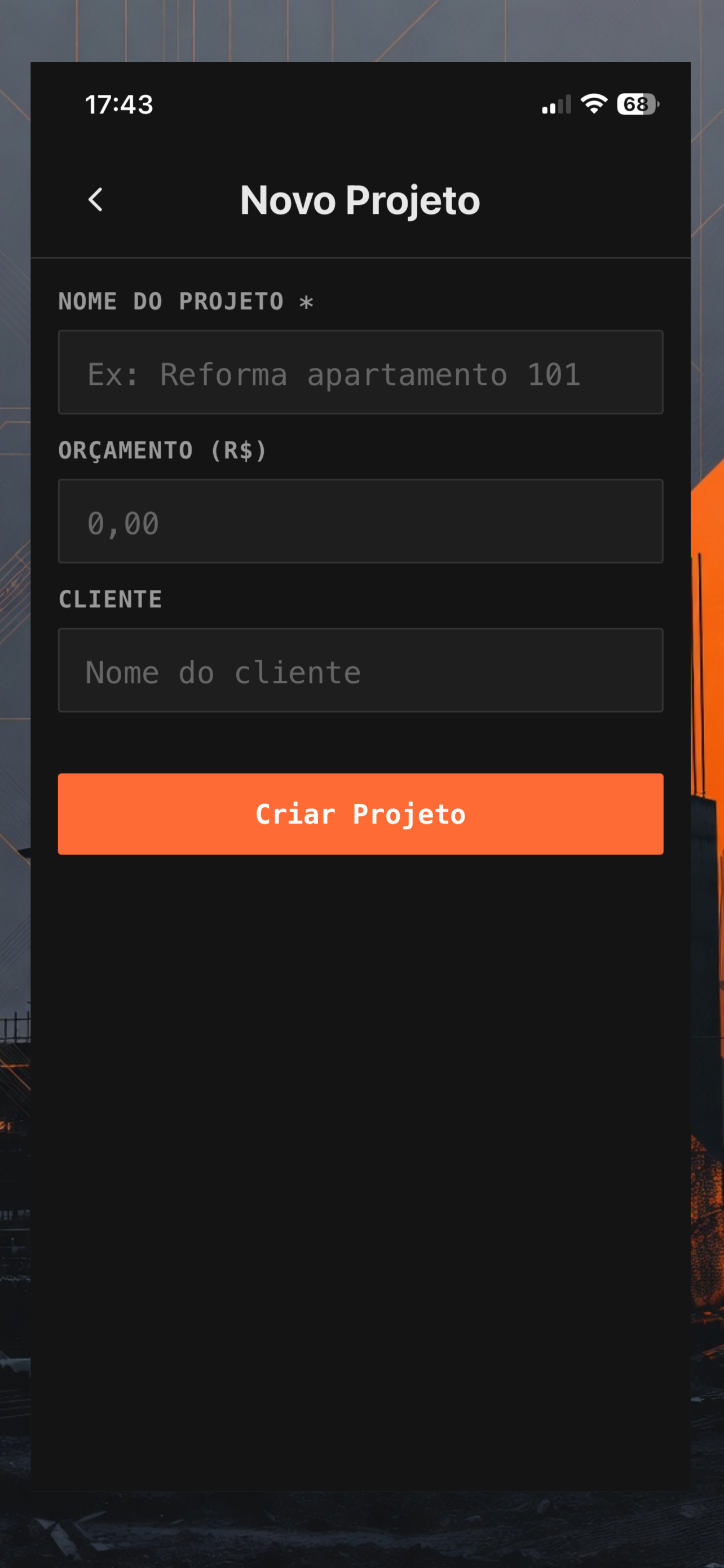 Tela de criação de novo projeto no O Canteiro